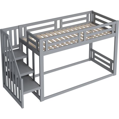 Lit pour enfant 90200cm, lit superposé bas avec escalier de sécurité, structure de lit superposé en bois massif avec sommier à lattes, gris (1/5)