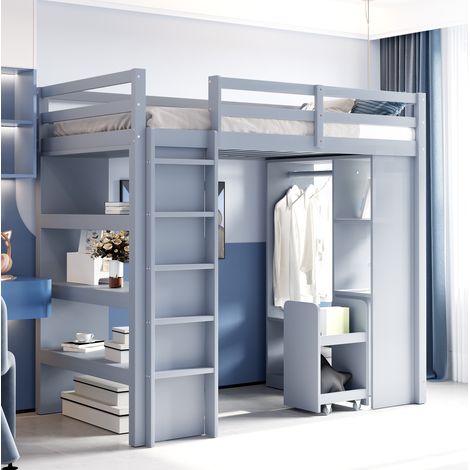 Letto Alto 90x200 cm con Contenitore e Ripiani per Bambini (1/5)