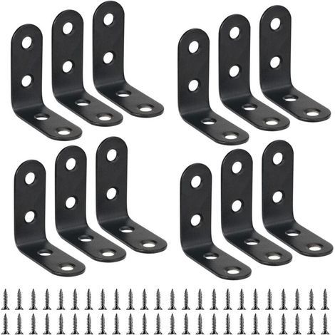 12 soportes de fijación de 40 mm x 40 mm, soportes en L de ángulo recto negros, soportes de estante de acero inoxidable de 40 mm y 90 grados para madera, muebles y armarios. (1/4)