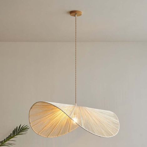 Lampe Suspendue en Rotin et Bambou Ø40 cm, Suspension Boho Moderne avec Corde en Lin Beige, Culot E27, 220 V (1/5)