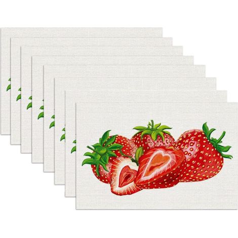 Juego de 8 manteles individuales de poliéster con estampado de fresas, de 45 x 30 cm, ideales para primavera y verano. Decoración rústica para la cocina o el comedor. (1/5)