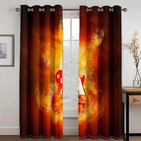 Rideaux à œillets exquis pour chambre d'enfant - Guitare à flamme rouge 55 x 59 pouces - Rideaux 3D - Rideaux perforés opaques d'intérieur - Isolation et réduction du bruit - Applicable à la chambre à (1/5)