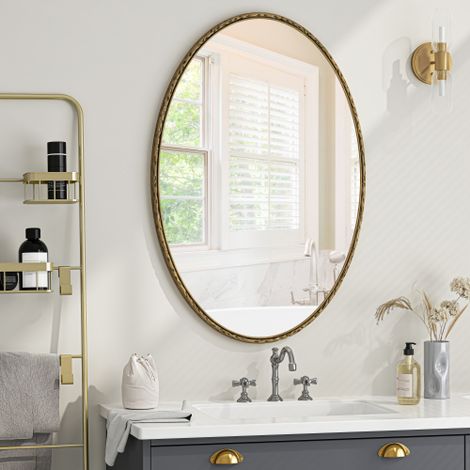 Ovaler Wandspiegel aus kunstvoll gearbeitetem, antik patiniertem Eisen – elegantes Retro-Dekor für Bad, Schlafzimmer und Wohnzimmer – goldfarbene Oberfläche
