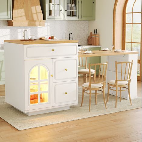 Isla de cocina extensible con cajones, tira LED RGB, 122,5-195,5 cm, blanco HAVRYA (1/5)