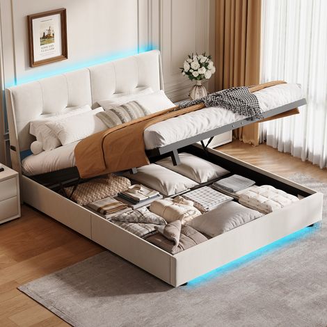 Letto contenitore 140x200 cm, letto per adulti 140x200 cm con illuminazione a LED, schienale imbottito, velluto, tasche laterali, rete a doghe, letto per ragazzi - Beige