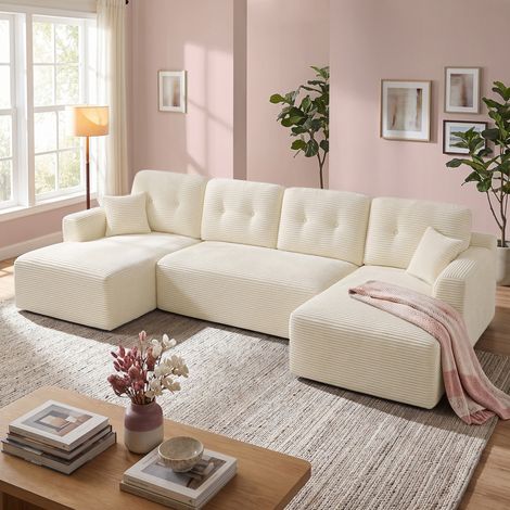 Canapé d'Angle Convertible Modulable en Velours Côtelé, Meuble de Salon, 336 x 154 x 89 cm, Blanc (1/5)