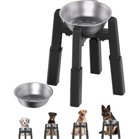 1 - Support de gamelle - Gamelle en acier inoxydable - Hauteur et largeur réglables - Antidérapant et stable - Pour grands chiens et chats - Noir - 13x20cm à 24x24cm (1/5)