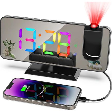 Sveglia con proiettore, orologio digitale, orologio digitale con porta USB, 5 livelli di luminosità regolabili, doppia sveglia, snooze, 12/24 ore, sveglia con proiettore da soffitto per camera da lett (1/5)