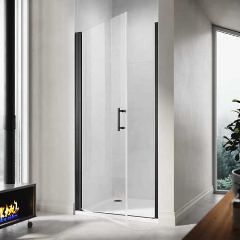 SIRHONA Porte de douche pivotante sans cadre Porte de cabine de douche réversible en verre de sécurité 5mm Noir 80cm