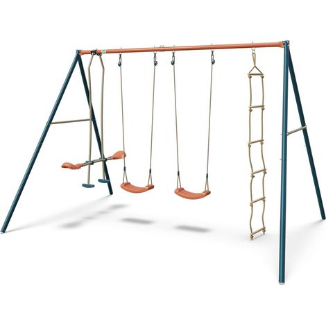 Trigano – Portique métal 2,20 m Axion Maho – 5 enfants – Structure en métal traité anti-corrosion – 2 balançoires et toboggan intégré
