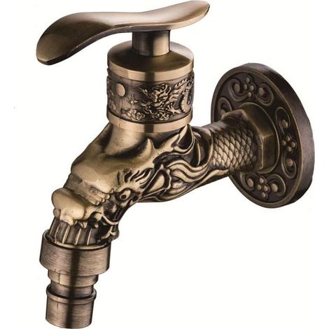 Hand Wash Faucet, Washing Machine Small Faucet Wall Mount Carved Zinc Alloy Antique Brass Bibcock Decorative Outdoor Garden Faucet