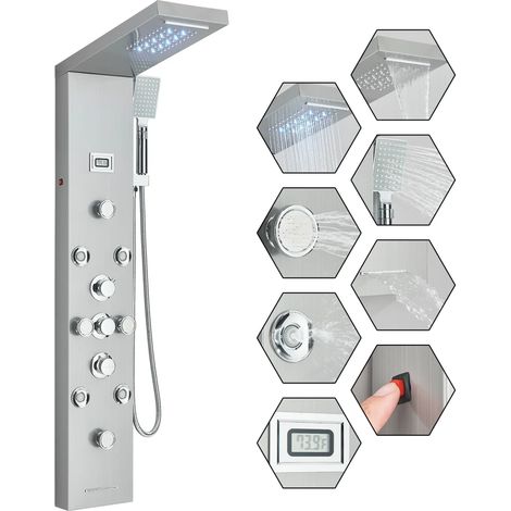 Colonne de douche Hydromassante LED en Acier Inoxydable avec 8 Hydromassante Buses Massants,2 modes de jets de massage et Douche Cascade et Affichage LCD Ensemble de Douche Multifonctionnel(Nickel Bro