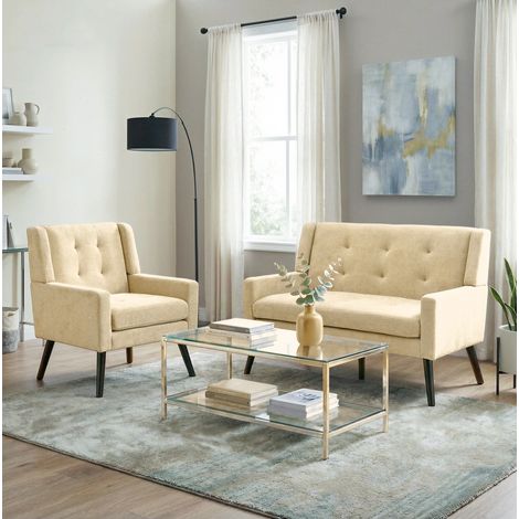 Conjunto de 2 sillones auxiliares beige, tejido, espuma de alta densidad, patas de madera (1/5)