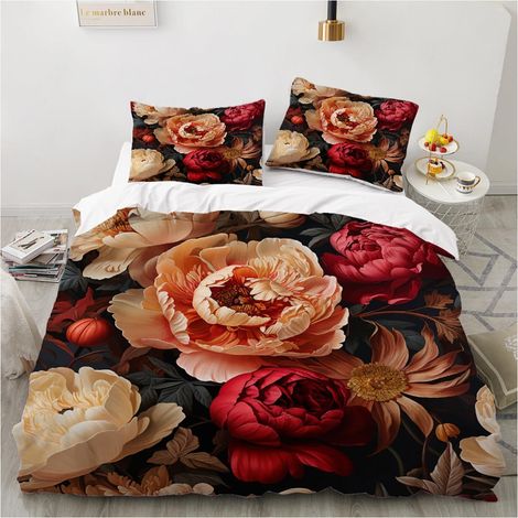 Bettwäsche-Set 220x240 cm mit Blumenmotiv, 3-teilig, Mikrofaser, Reißverschluss