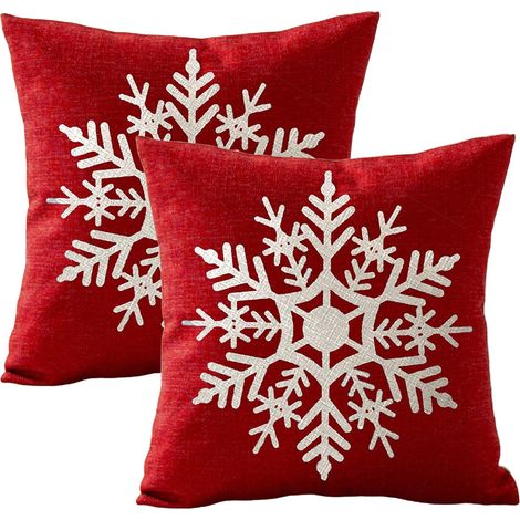 Juego de 2 fundas de cojín, lino, estampado de copos de nieve, cremallera invisible, decoración para interiores y exteriores. (1/5)