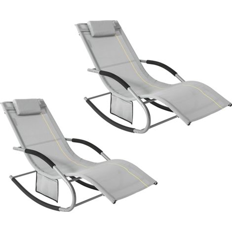 SoBuy Set of 2 Sun Lounger Garden Chair Recliner with Cushioned Pillow & Side Pocket Garden Rocking Chair with Steel Frame Outdoor Furniture Grey OGS28-HGx2