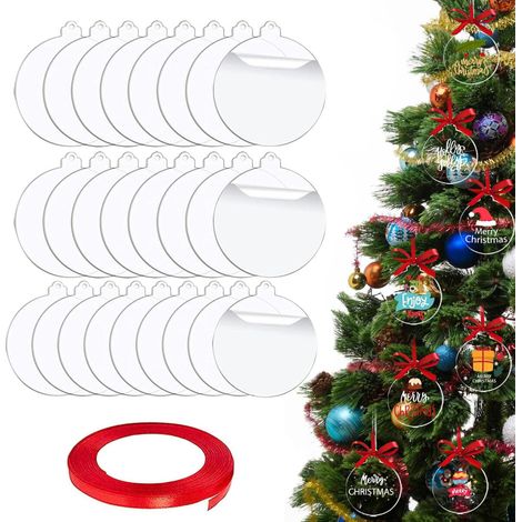 Set mit 100 Weihnachtsbaumkugeln – 10 cm große, runde, flache Scheiben aus transparentem Acrylglas mit einem 22 m langen roten Band (1/5)