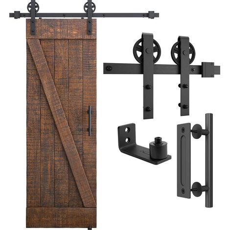 Kit de quincaillerie robuste pour porte de grange coulissante de 1,5 m, noir (l'ensemble comprend 1 ensemble de poignées de traction et 1 guide au sol) pour panneau de porte de 76,2 cm (1/5)