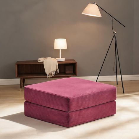 Pouf en velours côtelé rouge profond avec cadre métallique (1/5)