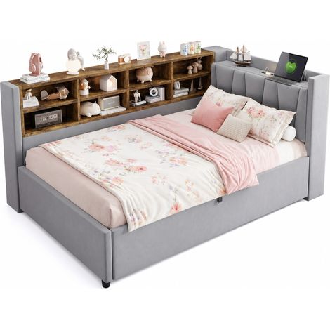 CHICFURN lit coffre canapé lit 90x200 cm en velours gris clair avec tête de lit capitonnée (1/5)
