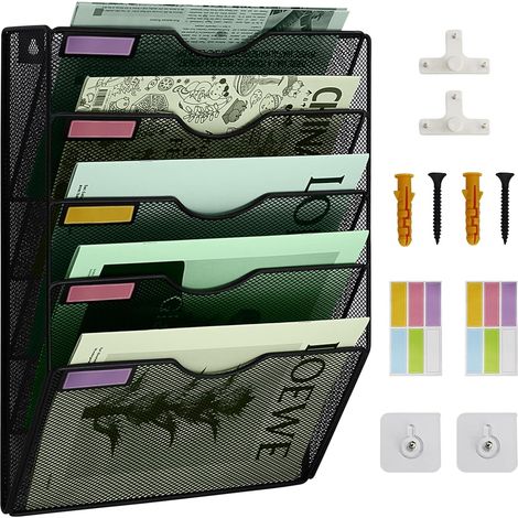 Porte Documents Mural, 5 Niveaux Porte-revues mural, corbeilles à courrier Fixation murale maille métallique durable, Noir (1/5)