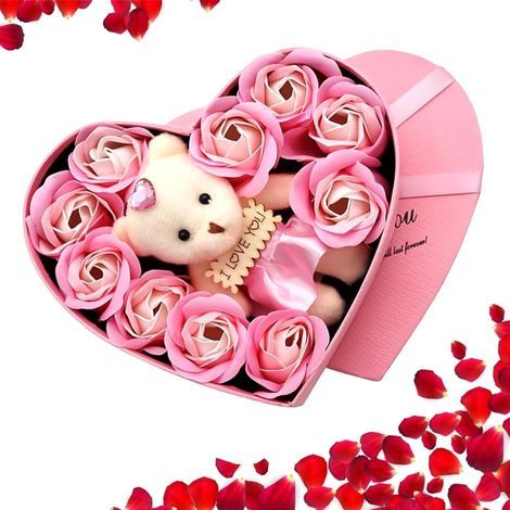 Coffret cadeau de savon en forme de cœur avec fleur de savon en forme de rose et ours en peluche mignon. Coffret cadeau de savon en forme de rose artificielle. (1/4)