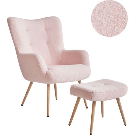 Sillón orejero moderno de mediados de siglo tapizado de bouclé con reposapiés rosa pastel Vejle II (1/5)