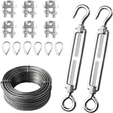 Lot de 2 tendeurs de fil M6 en acier inoxydable et 6 serre-câbles M3 et 6 tendeurs de câble métallique M3 avec câble en acier de 10 m et 1 manchon de tuyau, tendeurs réglables pour fil de jardin (1/5)