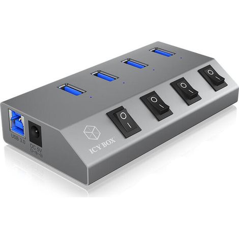 Icy Box IB-HUB1405 USB 3.0 Hub y cargador de 4 vías, interruptor de encendido/apagado para cada puerto (1/4)