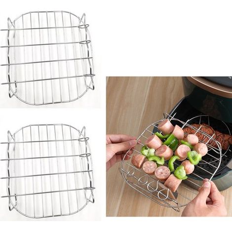 Parrilla para freidora de aire de 2 piezas, Parrilla redonda, Tostadora, 19x19x7 cm, 4 brochetas, Acero inoxidable, enfriar y asar, Plateada (1/5)