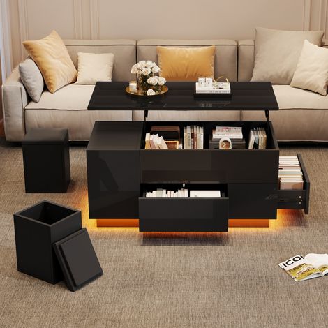 Table basse 4-en-1 noire laquée brillante, réglable en hauteur, avec éclairage LED, 2 tiroirs, 2 tabourets inclus, L100xP50xH45 cm (1/5)