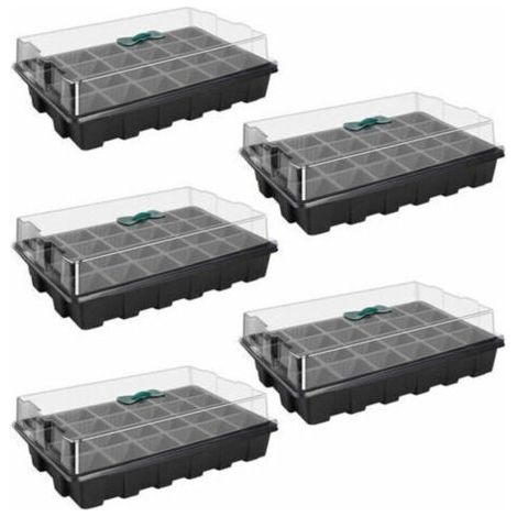 Un ensemble de 5 mini-serres pour semis, chacune comprenant un plateau de semis de 24 alvéoles et un couvercle, adaptées aux semis et à la germination.