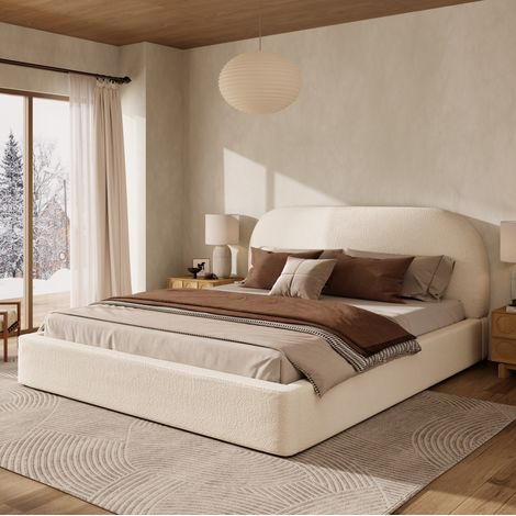 Erwachsenenbett 180x200 cm, Doppelbett mit gepolstertem Kopfteil, in Beigestoff, ohne Matratze (1/5)