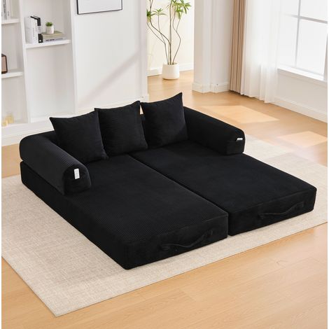 Sofá modular 200x94x67 cm negro en pana con estructura metálica, bolsillos laterales y 3 cojines (1/5)
