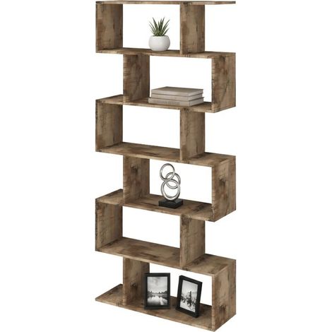 Dmora Libreria alta a zig zag a 6 scaffali aperti, Made in Italy, Scaffale per libri e documenti, Libreria da ufficio, cm 80x25h192, colore Acero, con imballo rinforzato