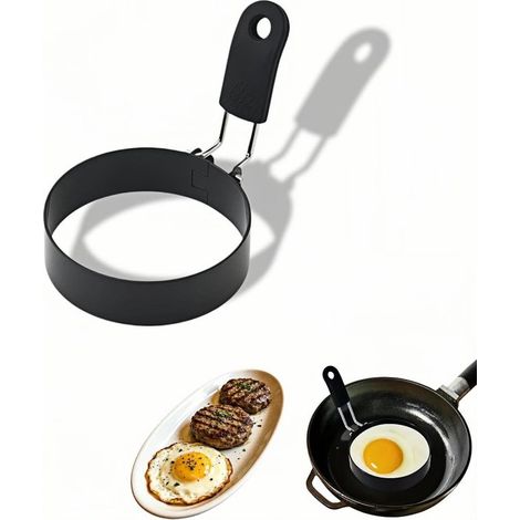 Lot de 2 cercles de cuisson en acier inoxydable – Ø 8,9 cm – Avec poignée en silicone – Antiadhésif et lavable au lave-vaisselle – Parfait pour œufs, crêpes et hamburgers – Noir (1/5)