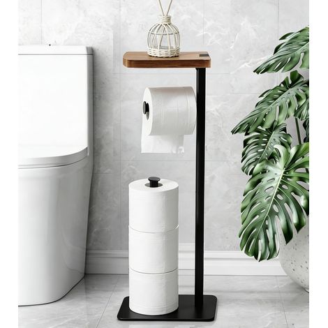 1 Porte Papier Toilette sur Pied, Métal Noir et Bois, Étagère de Rangement, 4 Rouleaux, Salle de Bain