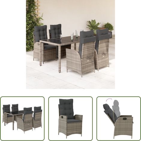 Gartentisch - 5-tlg. Garten-Essgruppe mit Kissen Grau Poly Rattan (1/5)