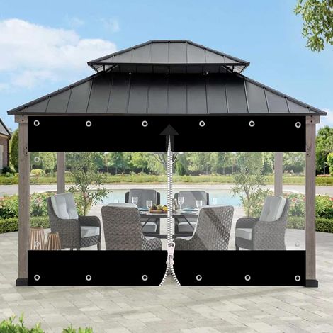 Bâche transparente en PVC 650 g/m², rideau d'extérieur avec fermeture éclair, bâche de protection imperméable contre le vent et la pluie pour pavillon, balcons, terrasses (noir, hauteur 2,1 m x (1/5)
