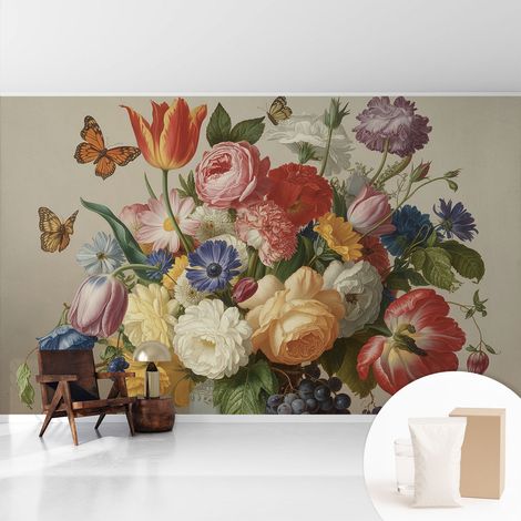 Papier peint intissé classique moderne pour salon et chambre à coucher Décoration rapide avec colle Fleurs et papillons 416x254 cm (1/5)