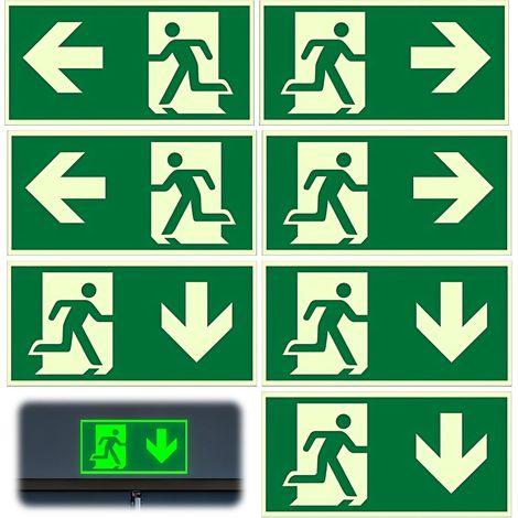 Lot de 7 panneaux de sortie de secours phosphorescents – Panneaux de sortie de secours phosphorescents « gauche », « droite » et « bas » pour hôtels, écoles, immeubles de bureaux
