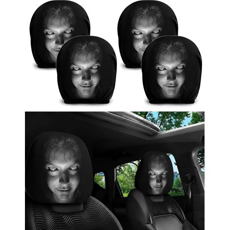 Lot de 4 housses d'appui-tête avec motif visage de fantôme, motif visage effrayant, modèles élastiques universels pour appuie-tête avec effets lumineux - Décoration amusante pour intérieur de voiture