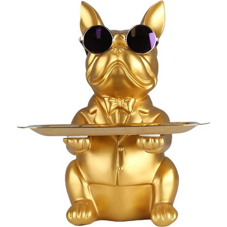 Statue Bouledogue Doré en Résine, Tirelire, Plateau de Rangement, Décoration d'Intérieur, Clés, Bonbons, Petit Objet, Design Original (1/5)