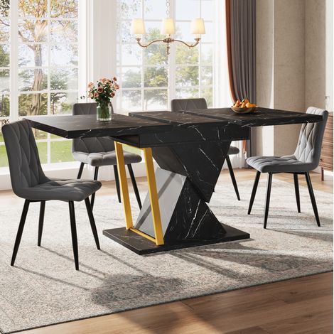 Mesa de comedor extensible 110x80x76 cm negra en MDF y metal con tablero efecto mármol (1/5)