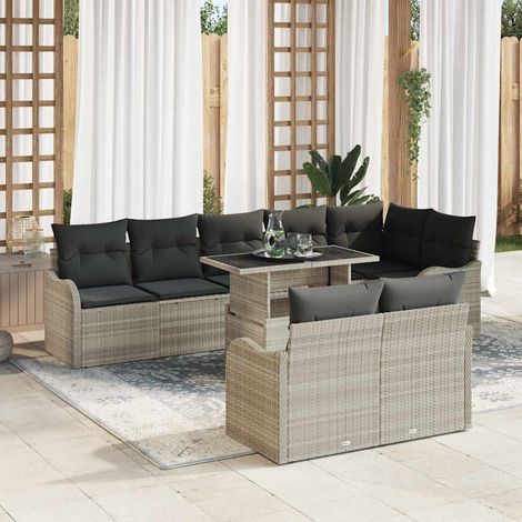 Lounge-Set mit Kissen 9 pcs Hellgrau Poly Rattan