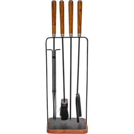 Wooden Handle Square Fireside Companion Set - Iron - L18 x W24 x H73 cm - Brown