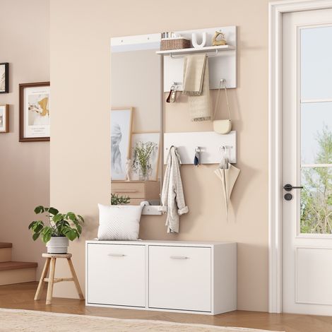 Mueble recibidor completo, conjunto de 4 piezas con espejo y zapatero, estilo escandinavo moderno 90 x 30 x 41,5 cm, Blanco (1/5)