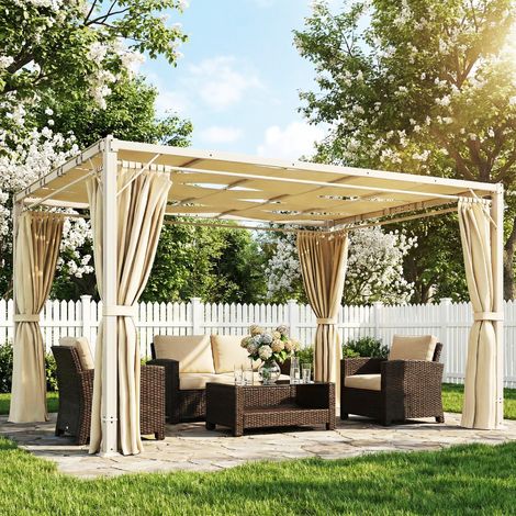 Pérgola de Jardín 3x4 m con Protección UPF 50+ Gazebo con Cortinas Estructura de Acero para Sombra Exterior Beige