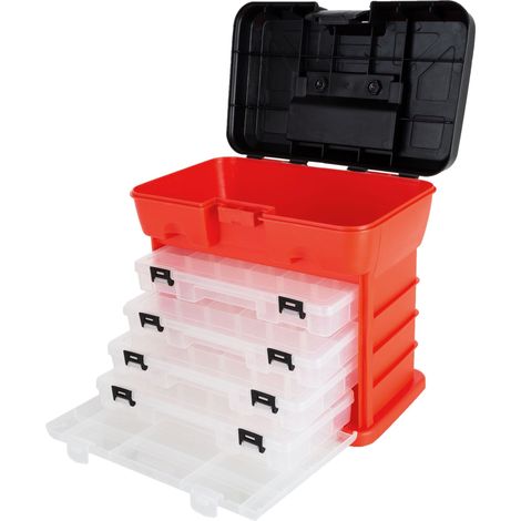 Boîte de rangement portable pour petites pièces avec 4 plateaux multi-compartiments pour matériel de pêche, outils à main ou fournitures d'artisanat (rouge) (1/5)