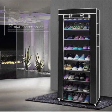 Étagère à chaussures gain de place à 10 niveaux et 9 compartiments en tissu non tissé noir